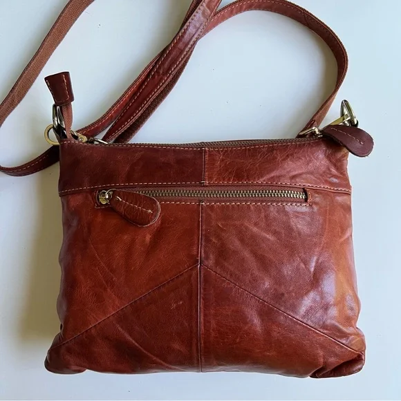 Genuine Leather Cognac Slouchy Hobo Multi Zip/Compartment Crossbody Bag - Picture 6 of 10